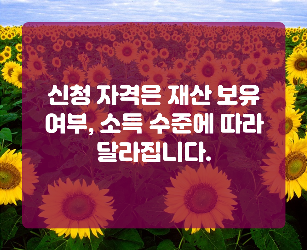 신청 자격은 재산 보유 여부, 소득 수준에 따라 달라집니다.